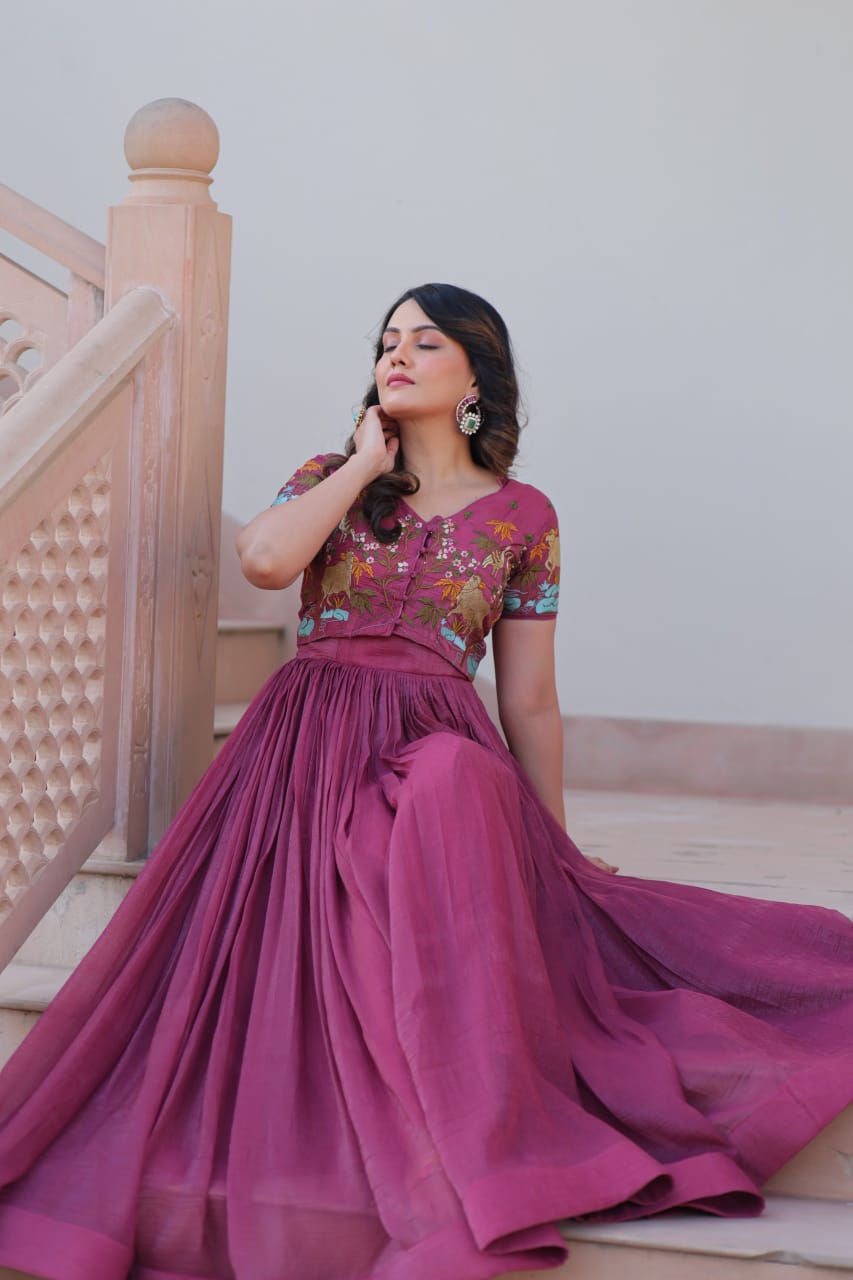 Designer Wedding & Festive Wear Silver Crunchy Embroidery Work Gown With Koti