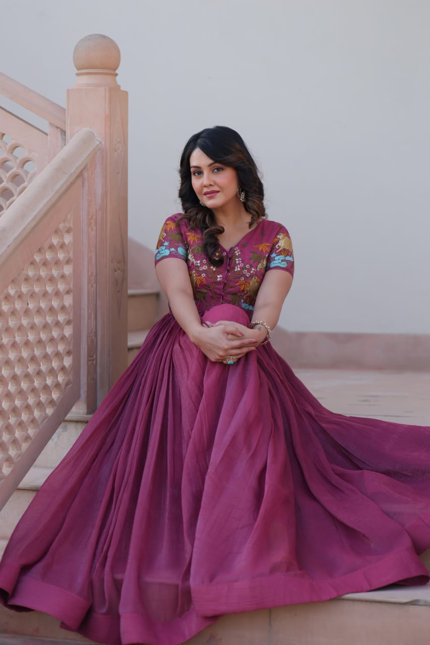 Designer Wedding & Festive Wear Silver Crunchy Embroidery Work Gown With Koti