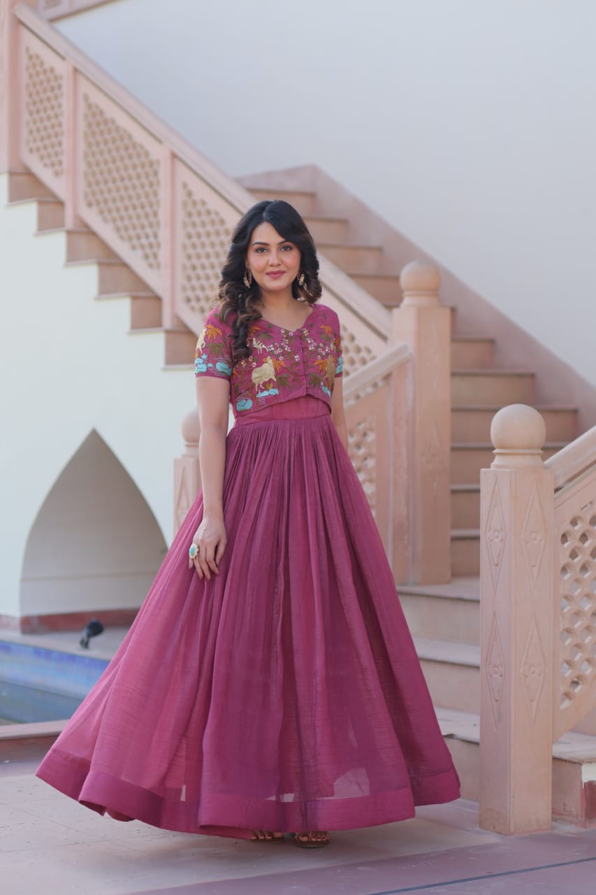 Designer Wedding & Festive Wear Silver Crunchy Embroidery Work Gown With Koti