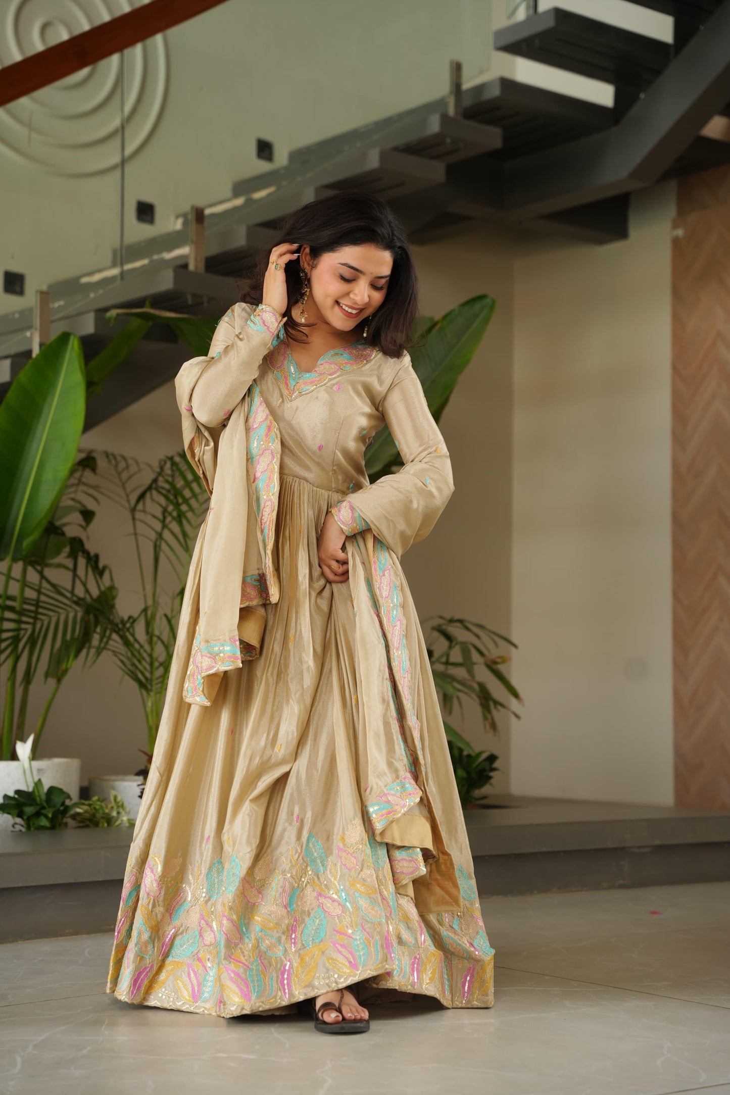 Designer Rich Chinnon Sequins & Multi Thread Embroidered Work Gown With Dupatta Set