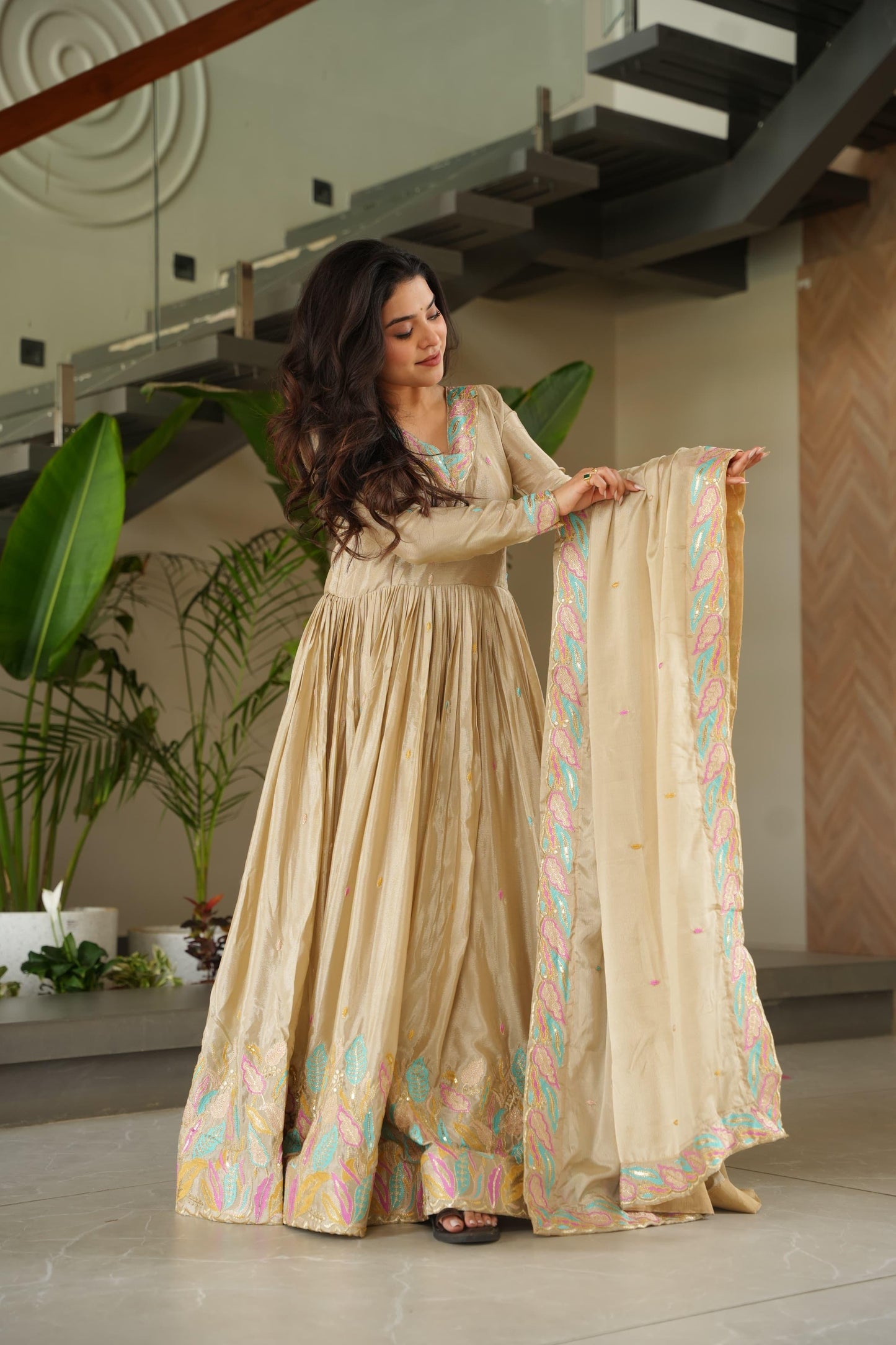 Designer Rich Chinnon Sequins & Multi Thread Embroidered Work Gown With Dupatta Set