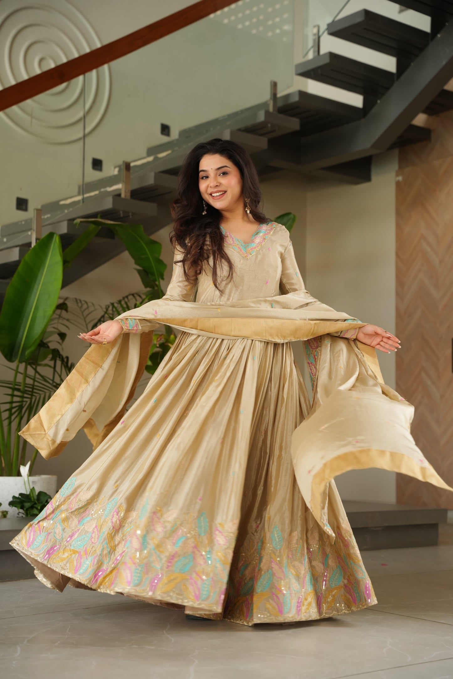 Designer Rich Chinnon Sequins & Multi Thread Embroidered Work Gown With Dupatta Set