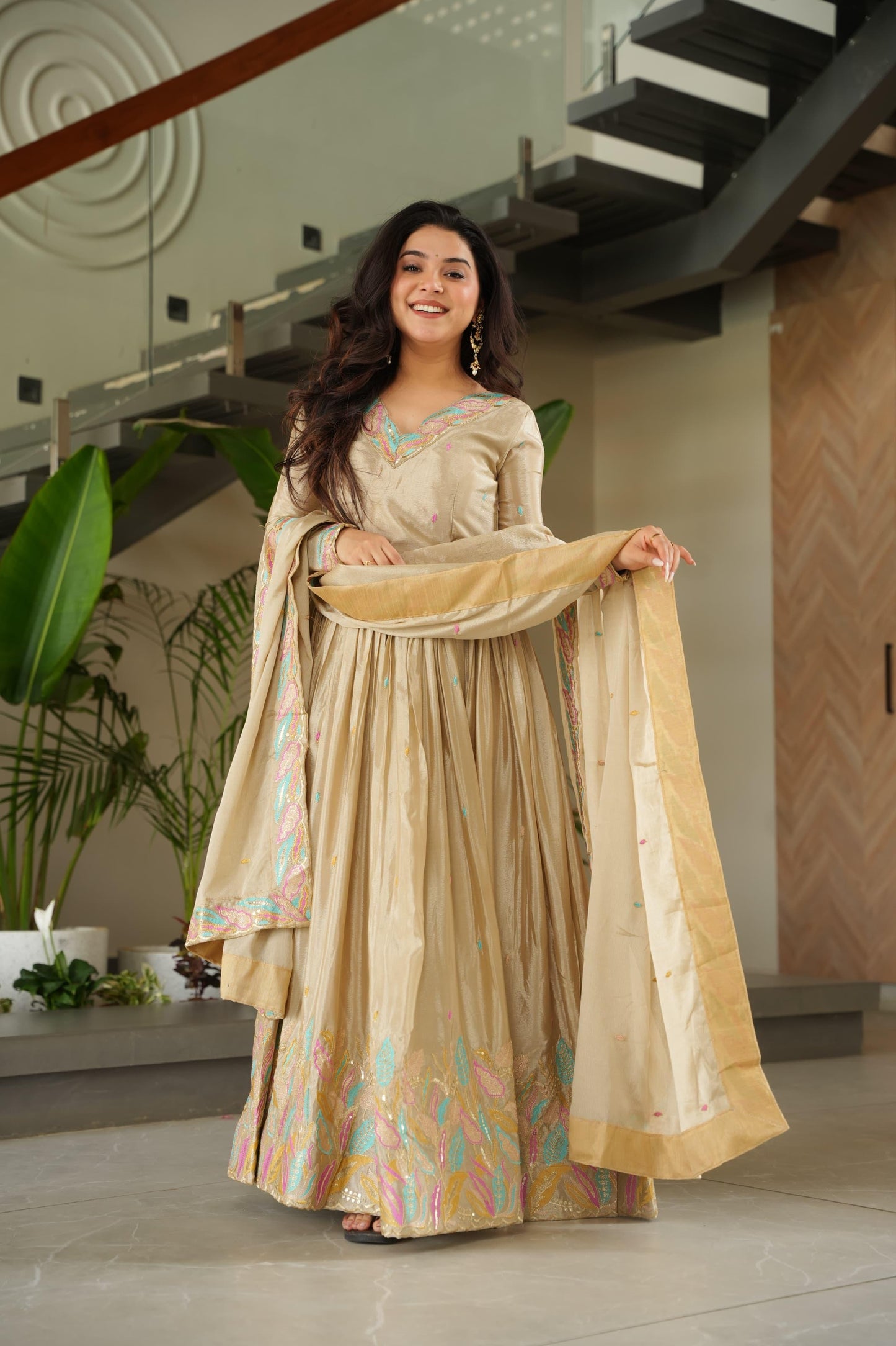 Designer Rich Chinnon Sequins & Multi Thread Embroidered Work Gown With Dupatta Set