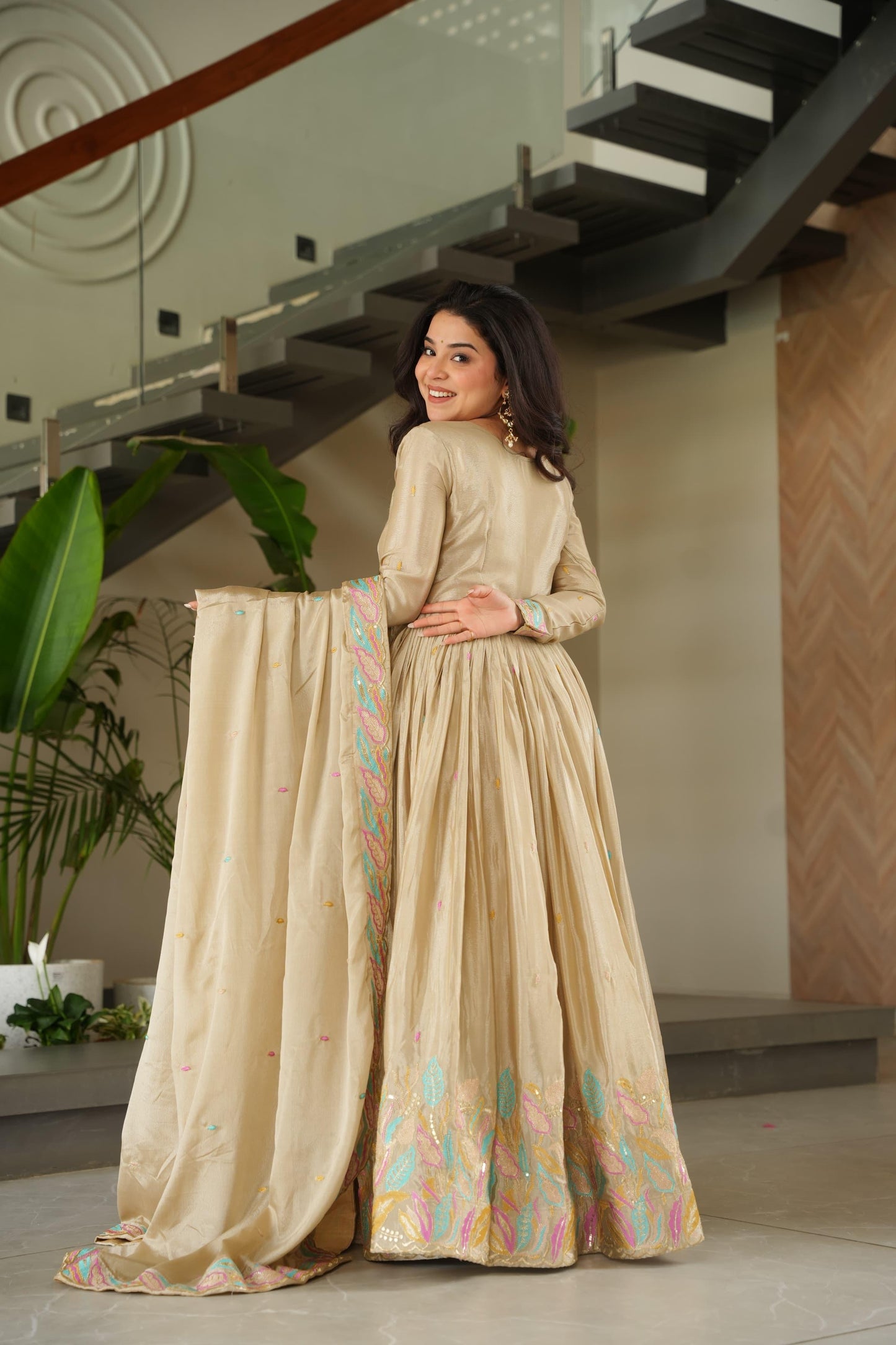 Designer Rich Chinnon Sequins & Multi Thread Embroidered Work Gown With Dupatta Set