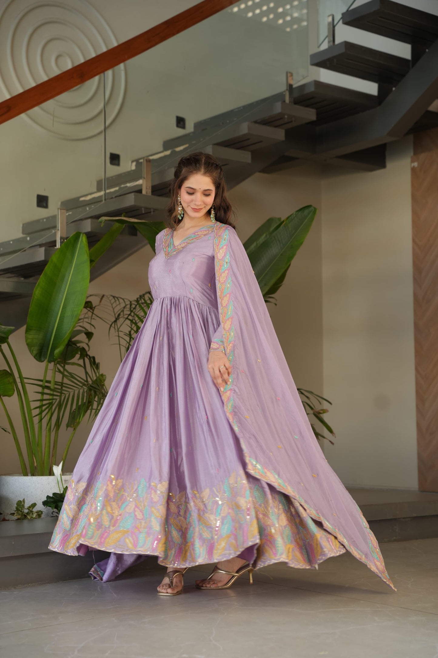 Designer Rich Chinnon Sequins & Multi Thread Embroidered Work Gown With Dupatta Set