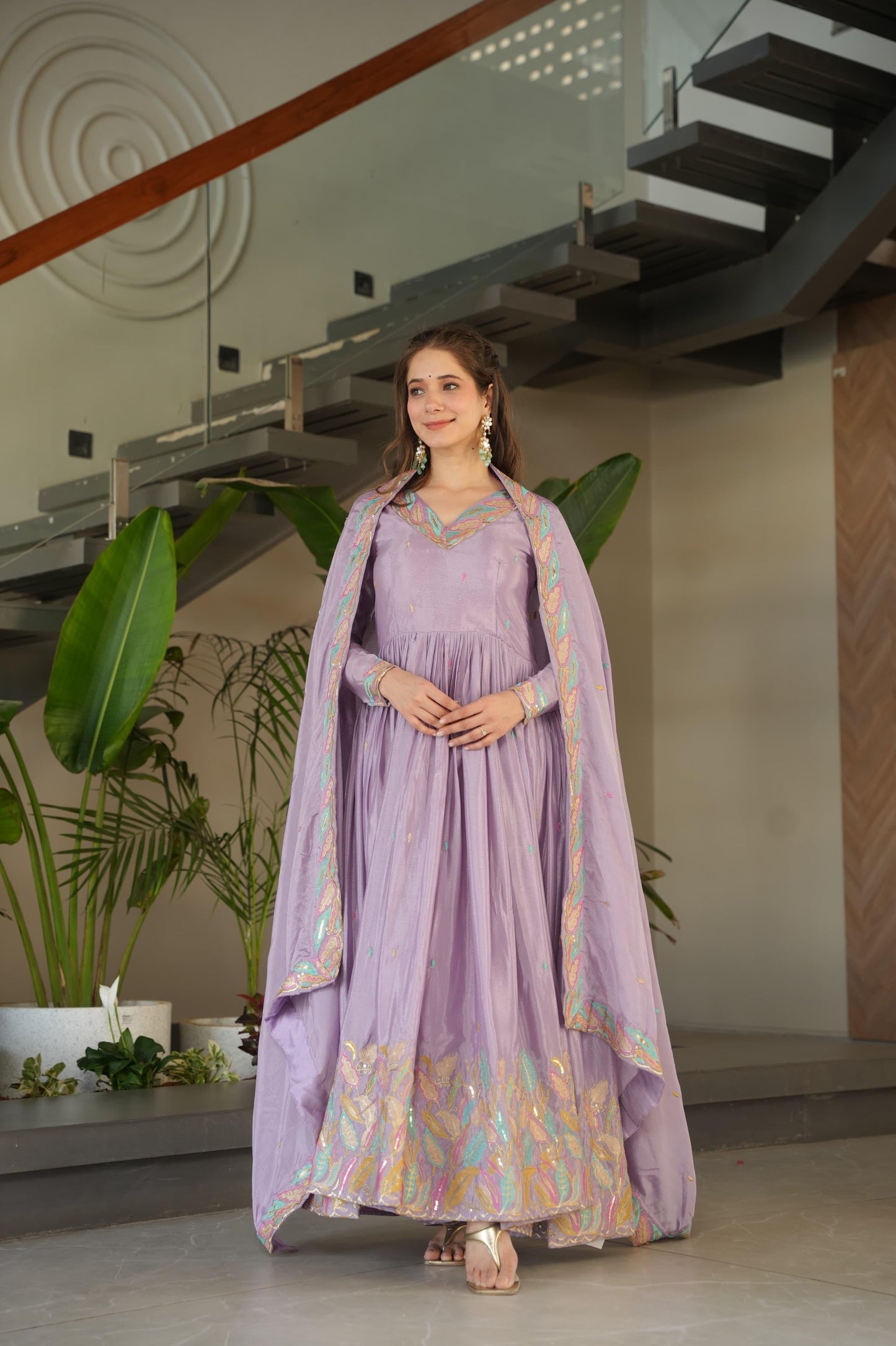 Designer Rich Chinnon Sequins & Multi Thread Embroidered Work Gown With Dupatta Set