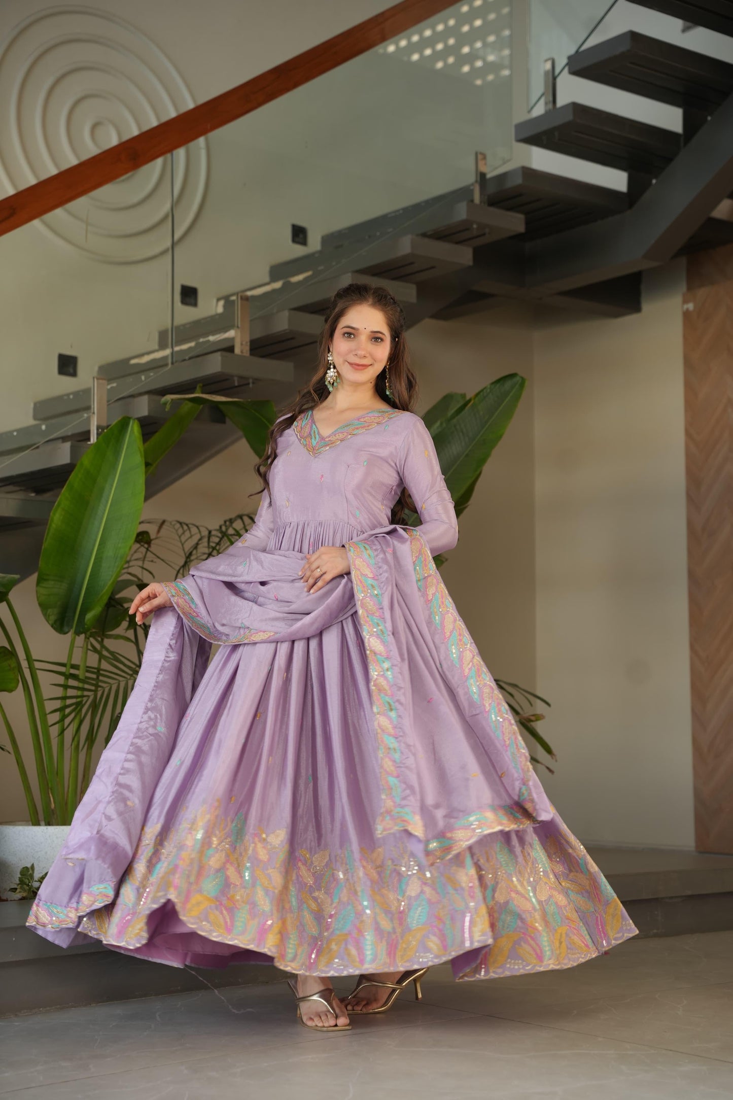 Designer Rich Chinnon Sequins & Multi Thread Embroidered Work Gown With Dupatta Set