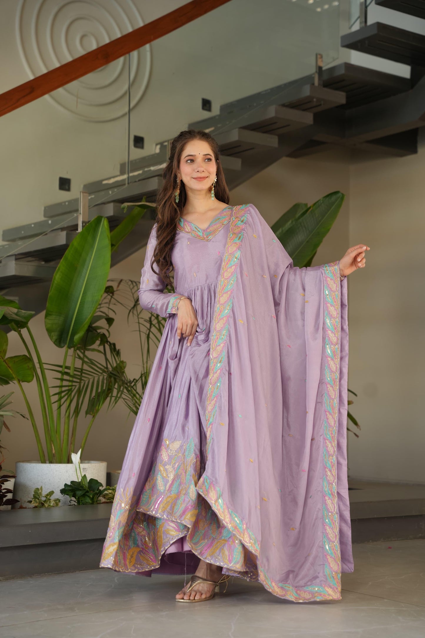 Designer Rich Chinnon Sequins & Multi Thread Embroidered Work Gown With Dupatta Set