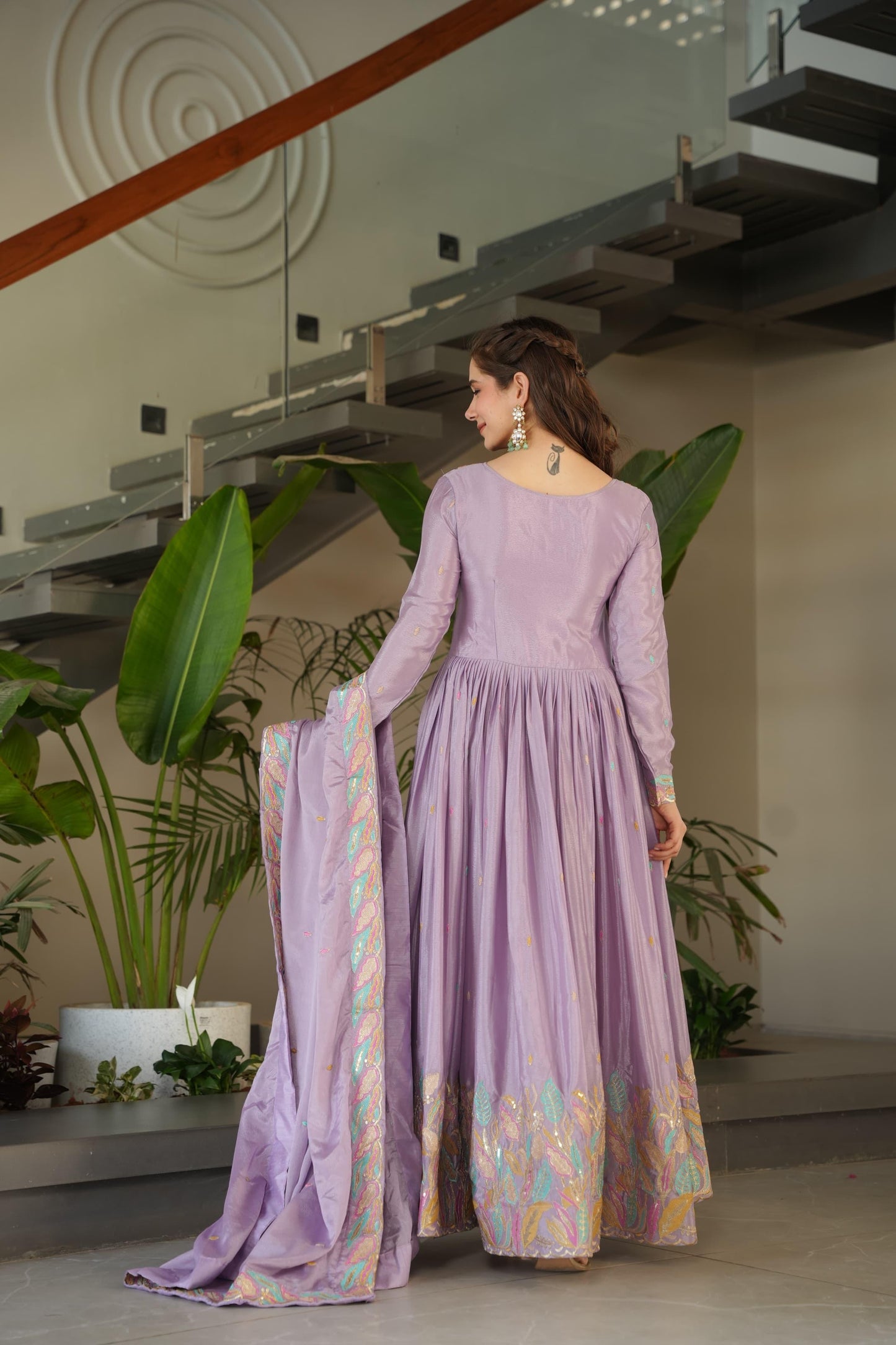 Designer Rich Chinnon Sequins & Multi Thread Embroidered Work Gown With Dupatta Set