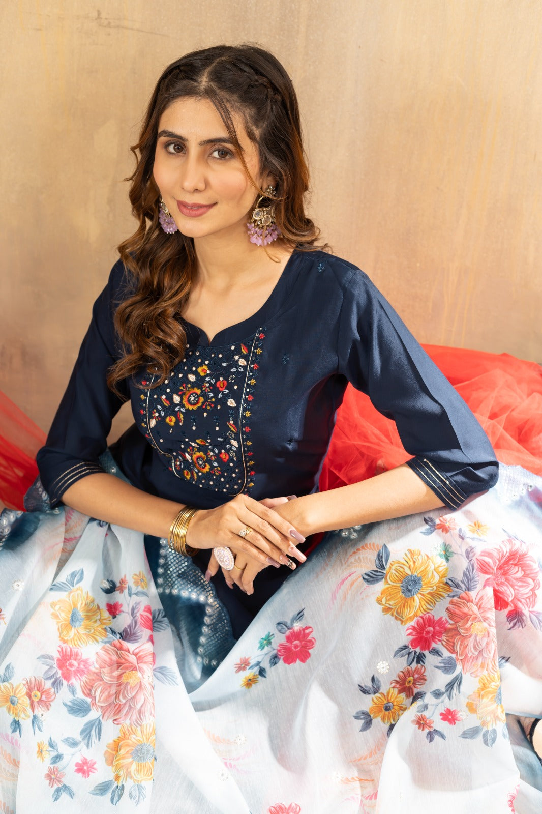 Pure Viscose Mango Silk Embroidery Handwork Kurti Pant With Dupatta Set