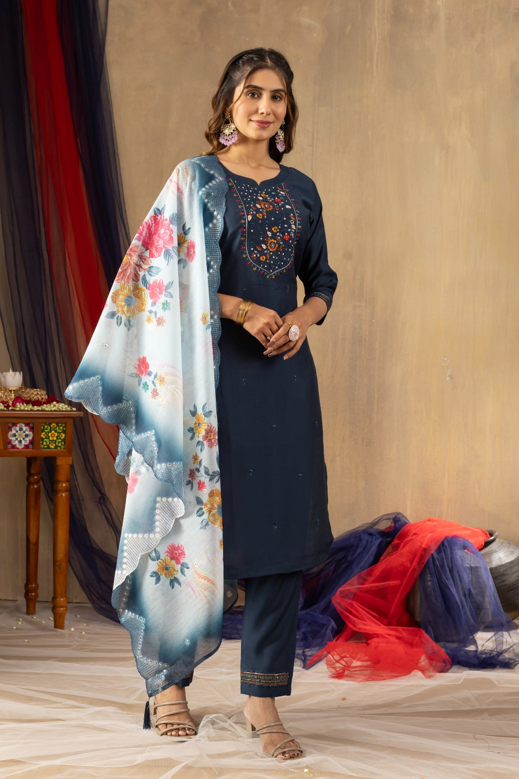 Pure Viscose Mango Silk Embroidery Handwork Kurti Pant With Dupatta Set