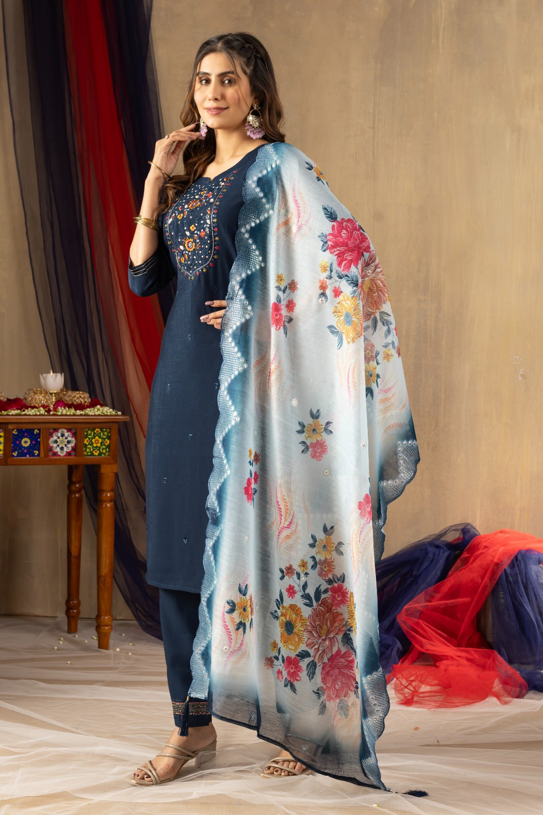Pure Viscose Mango Silk Embroidery Handwork Kurti Pant With Dupatta Set