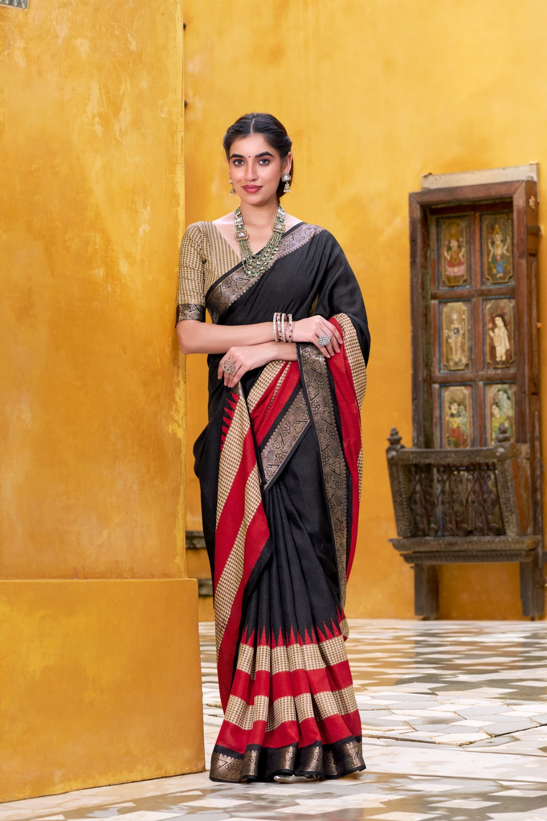Pure Soft Poly Cotton Saree Printed With Zari Weaving Work With Blouse
