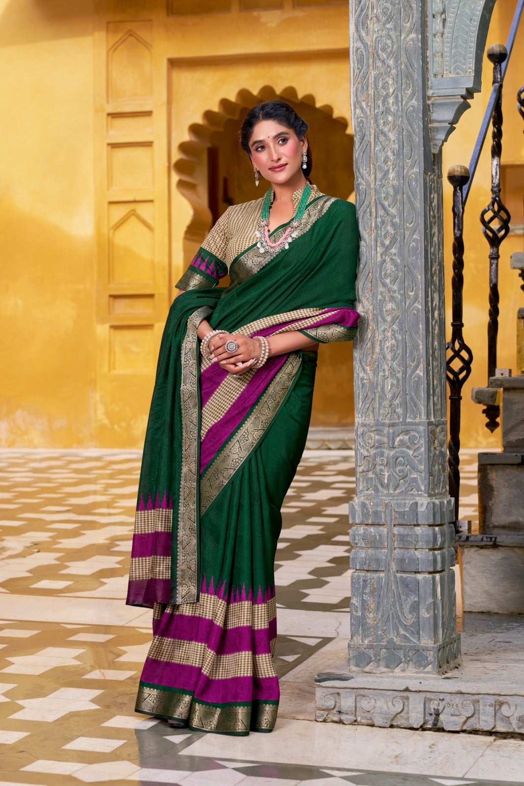 Pure Soft Poly Cotton Saree Printed With Zari Weaving Work With Blouse