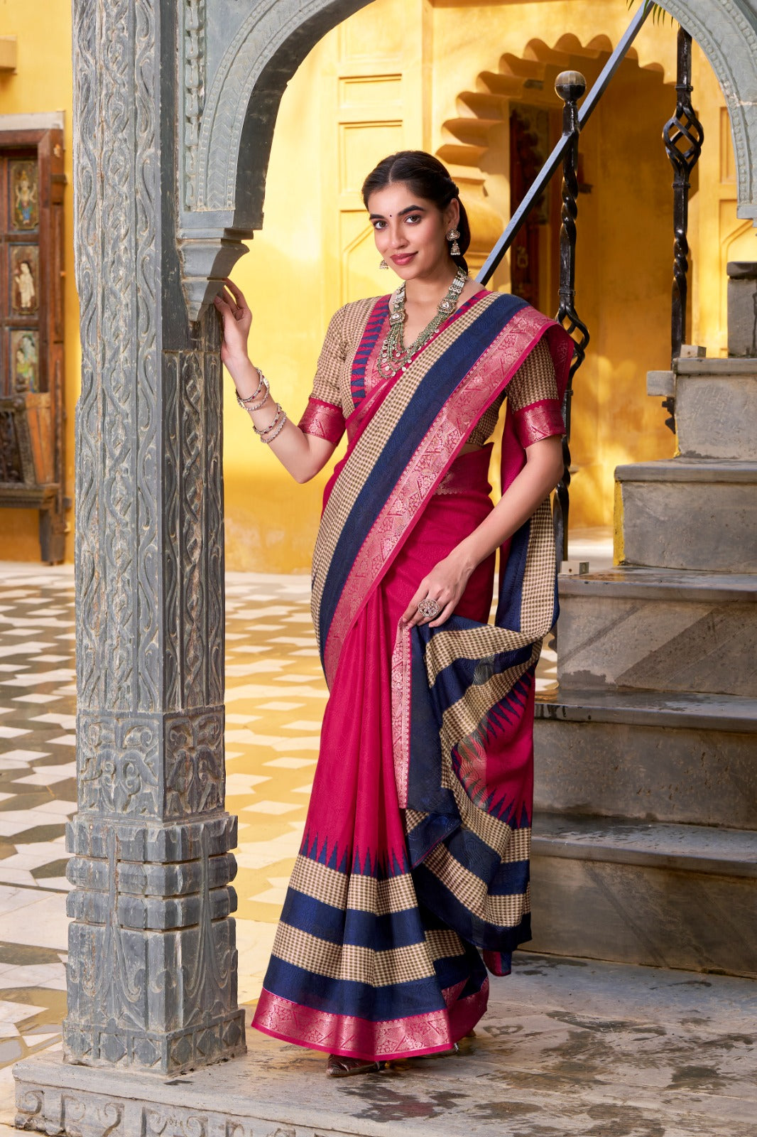 Pure Soft Poly Cotton Saree Printed With Zari Weaving Work With Blouse