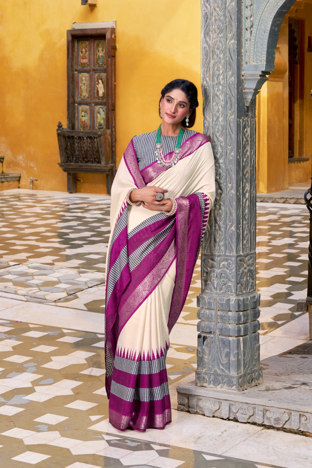 Pure Soft Poly Cotton Saree Printed With Zari Weaving Work With Blouse