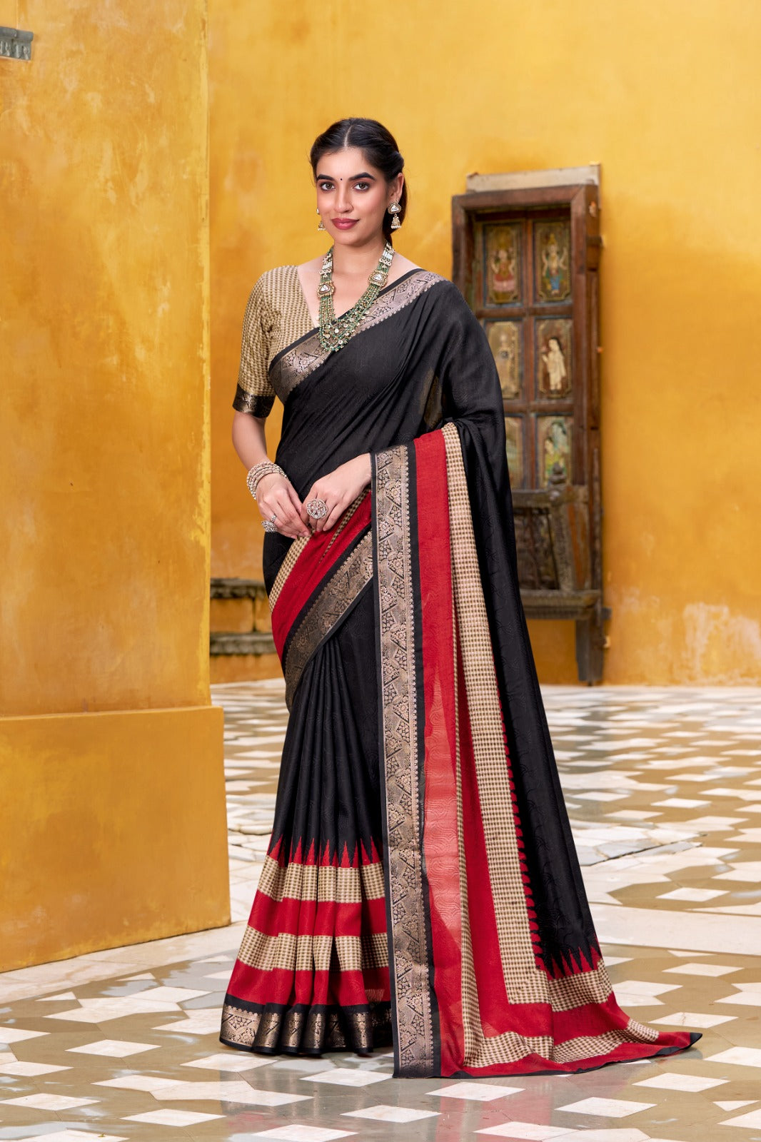 Pure Soft Poly Cotton Saree Printed With Zari Weaving Work With Blouse