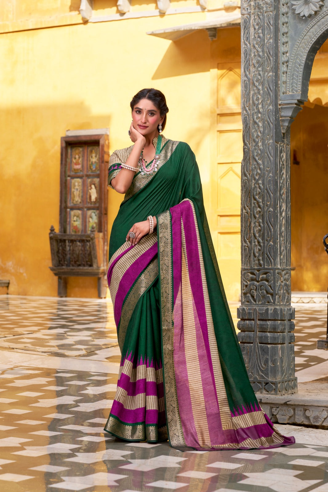 Pure Soft Poly Cotton Saree Printed With Zari Weaving Work With Blouse
