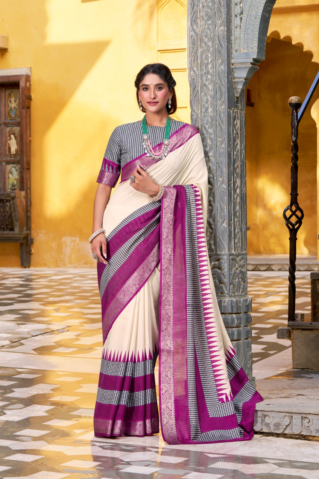Pure Soft Poly Cotton Saree Printed With Zari Weaving Work With Blouse