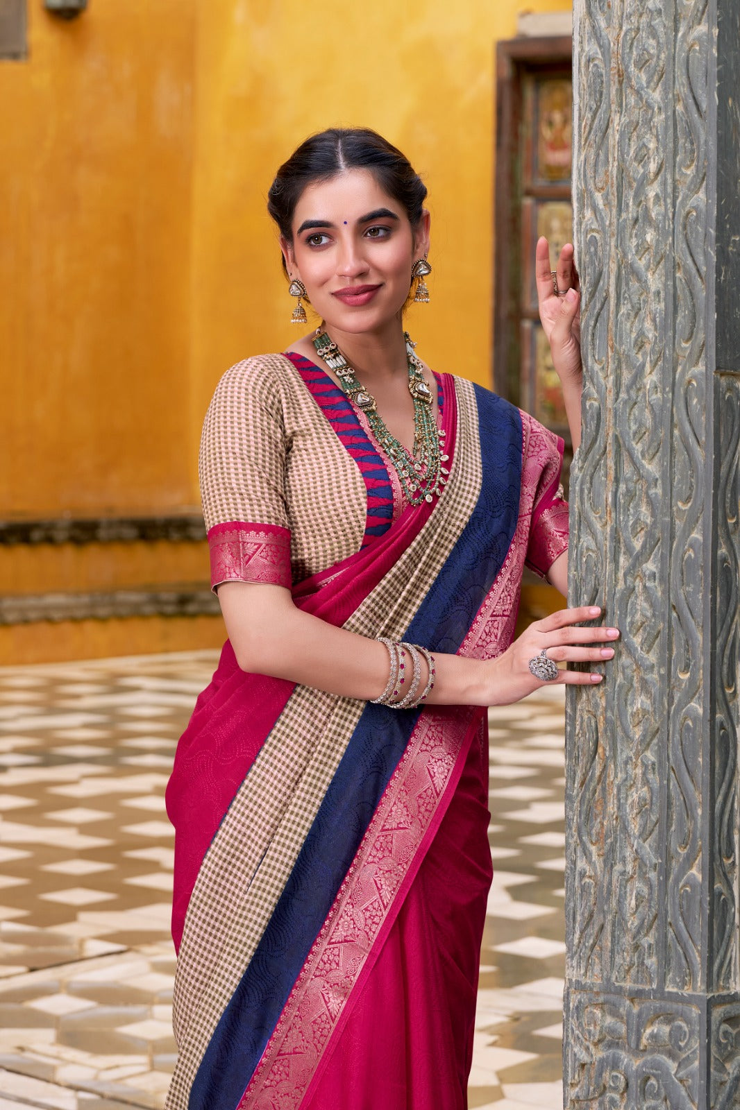 Pure Soft Poly Cotton Saree Printed With Zari Weaving Work With Blouse