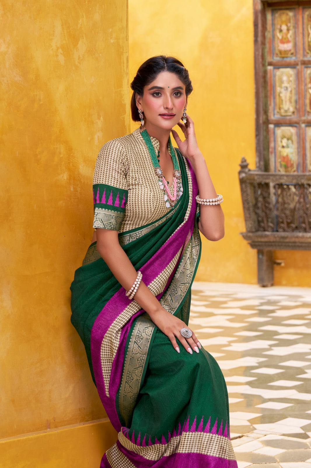 Pure Soft Poly Cotton Saree Printed With Zari Weaving Work With Blouse
