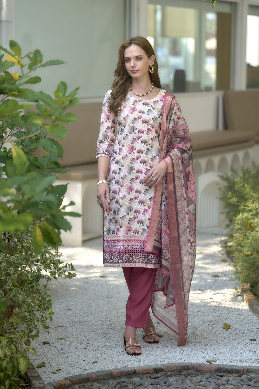 Pure Cotton Embroidery Work Printed Kurti Pant With Dupatta Set