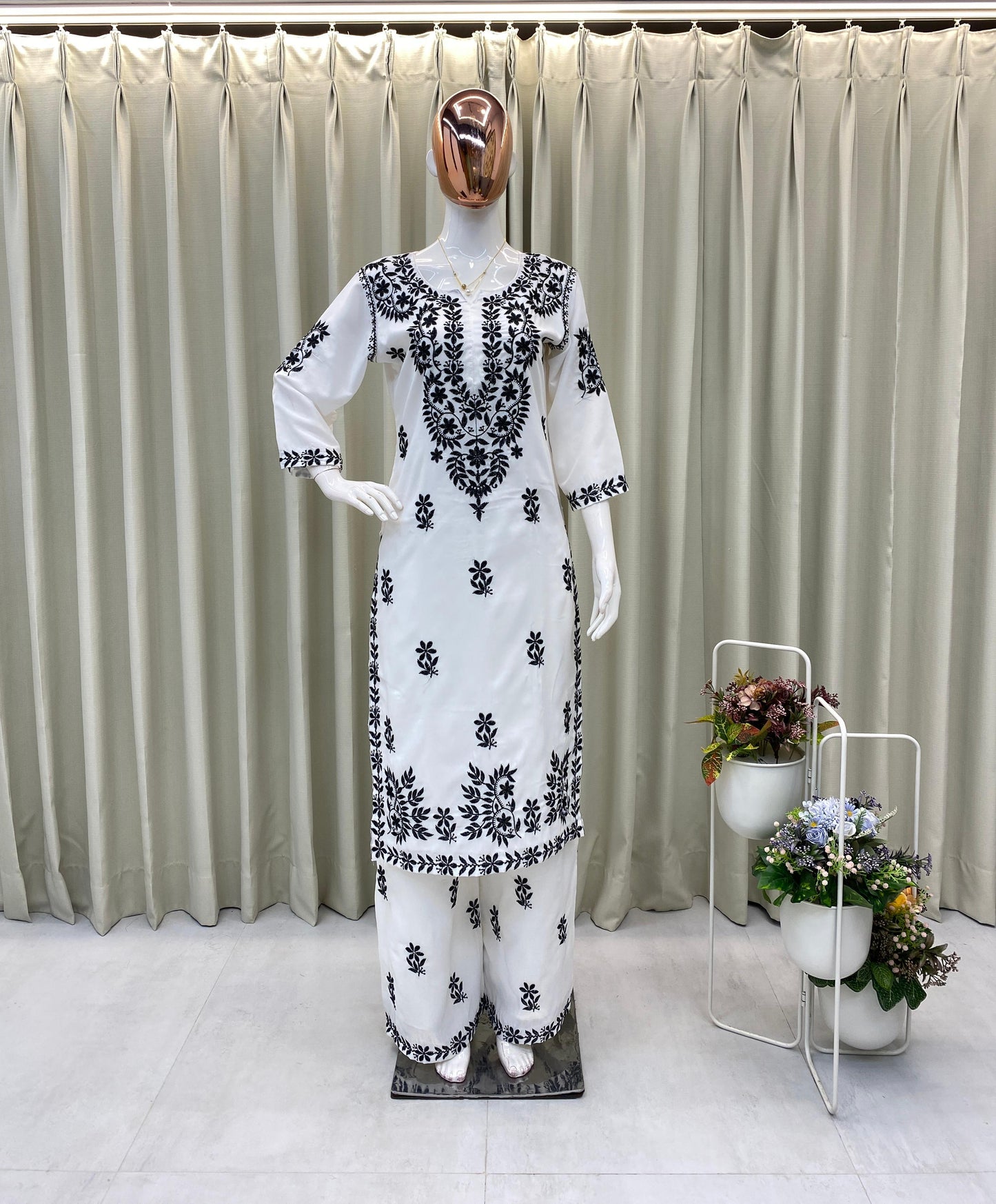 Stylish Designer Wear Muslin Kurta Palazzo With Embroidery Work