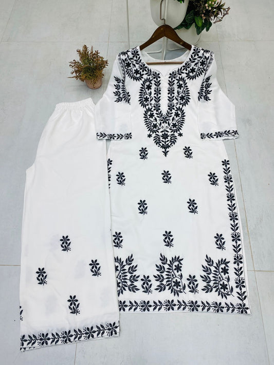 Stylish Designer Wear Muslin Kurta Palazzo With Embroidery Work