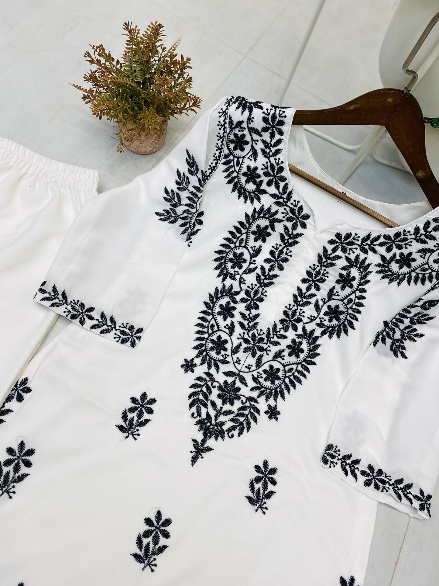 Stylish Designer Wear Muslin Kurta Palazzo With Embroidery Work