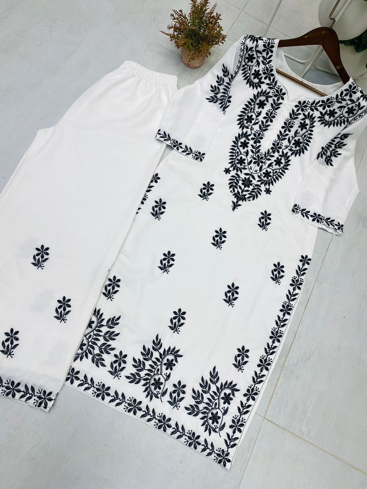 Stylish Designer Wear Muslin Kurta Palazzo With Embroidery Work