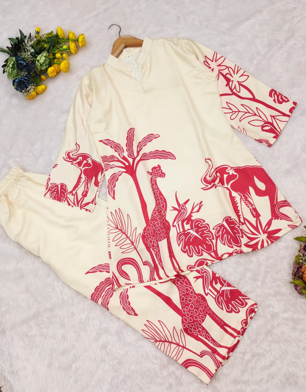 Trendy & Comfy Pure Malai Satin Silk Printed Top & Pant Set