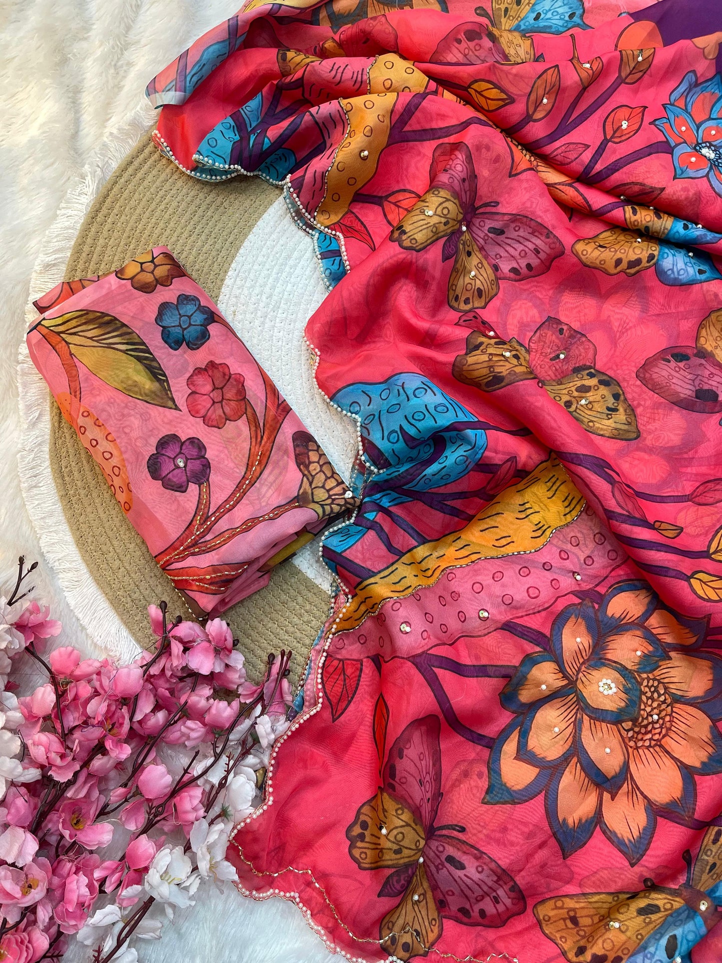 Celebrity Style Soft Tabby Silk Saree With Butterfly Print Moti Cut Dana Khatli Work