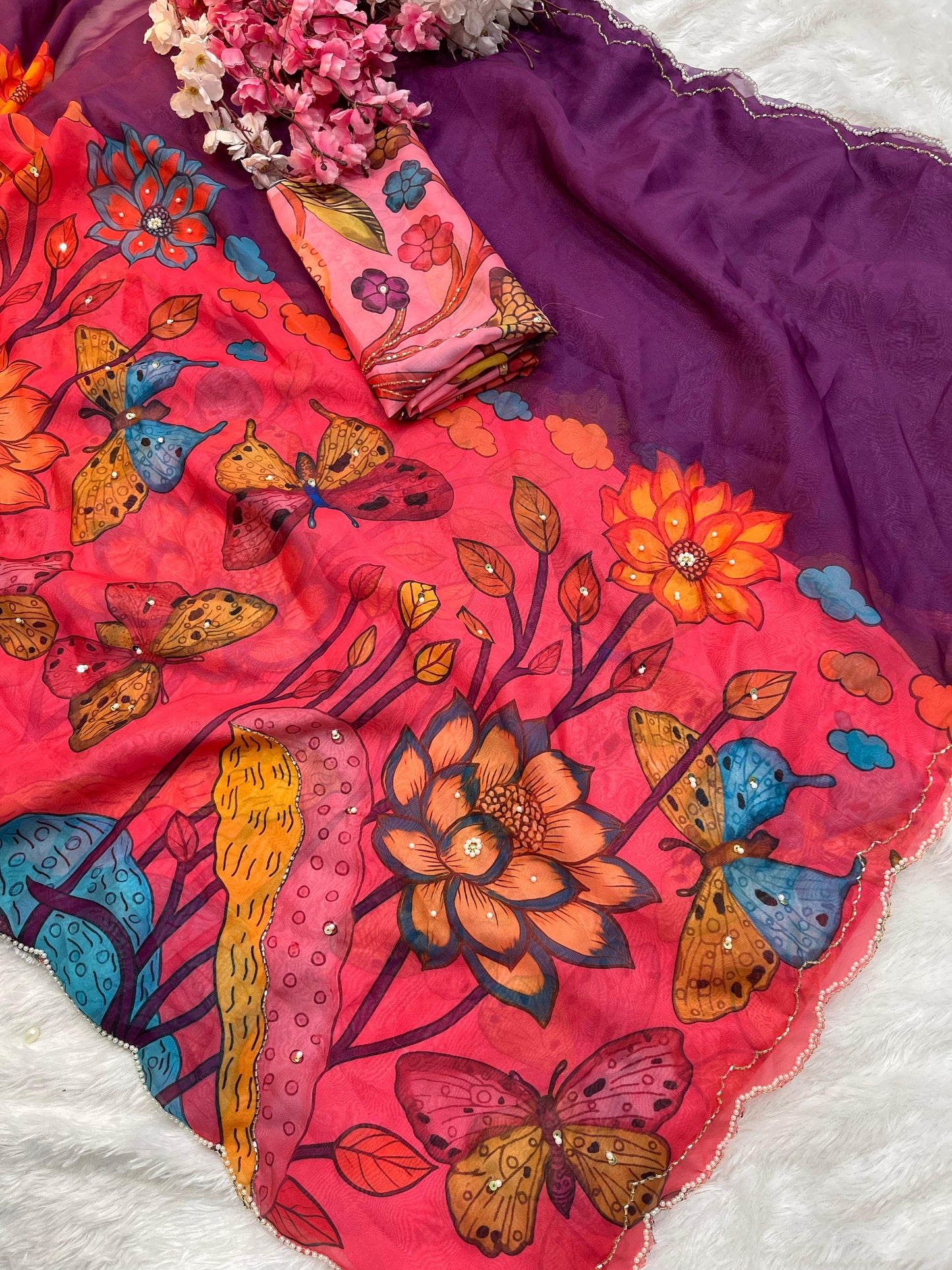 Celebrity Style Soft Tabby Silk Saree With Butterfly Print Moti Cut Dana Khatli Work