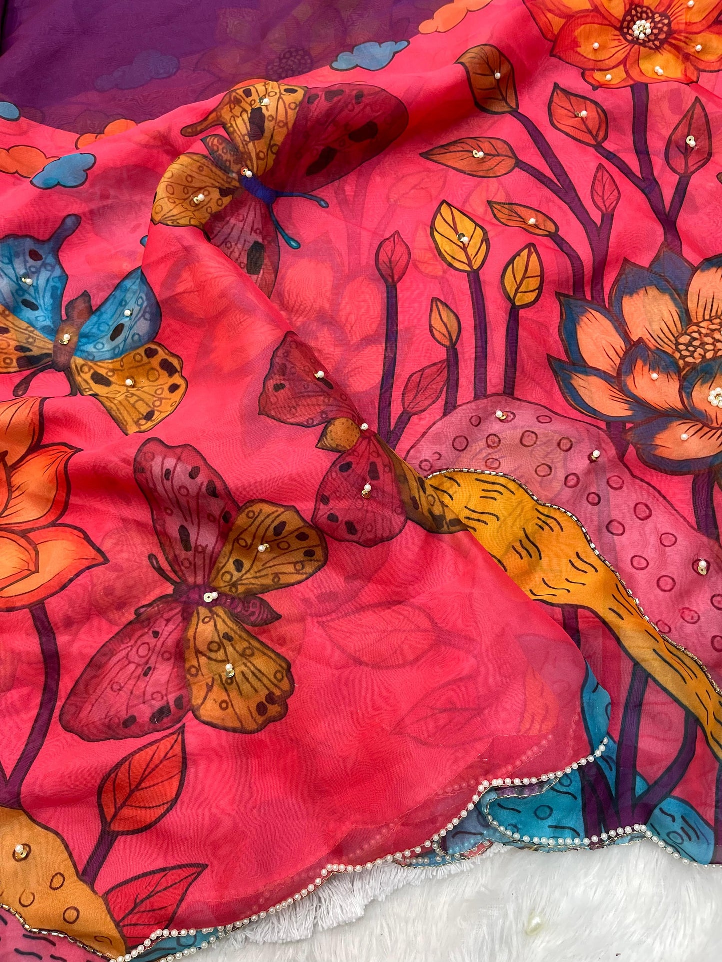 Celebrity Style Soft Tabby Silk Saree With Butterfly Print Moti Cut Dana Khatli Work