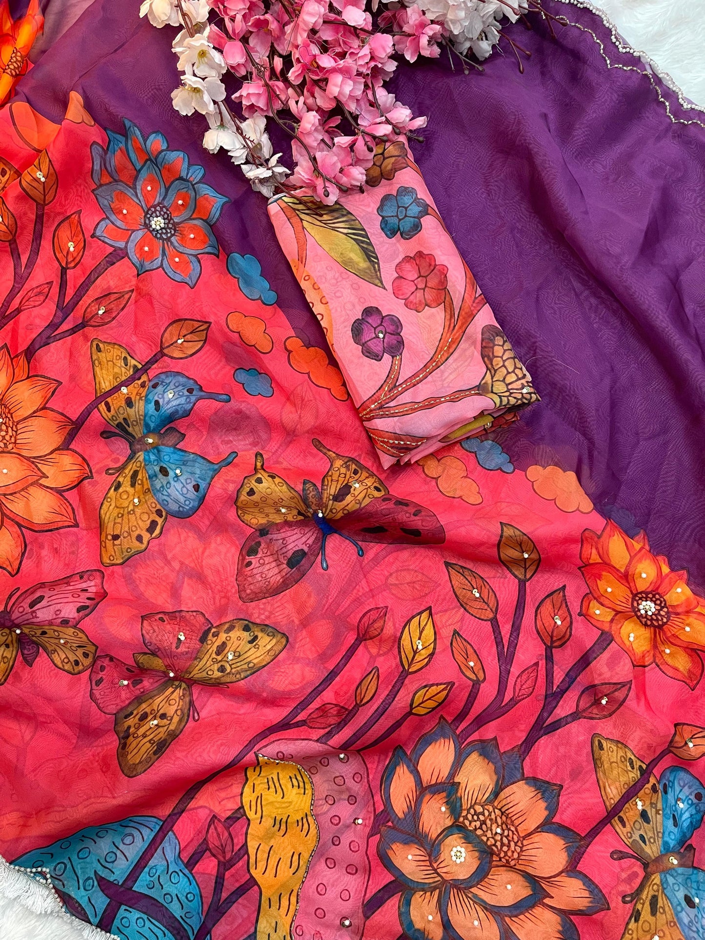 Celebrity Style Soft Tabby Silk Saree With Butterfly Print Moti Cut Dana Khatli Work