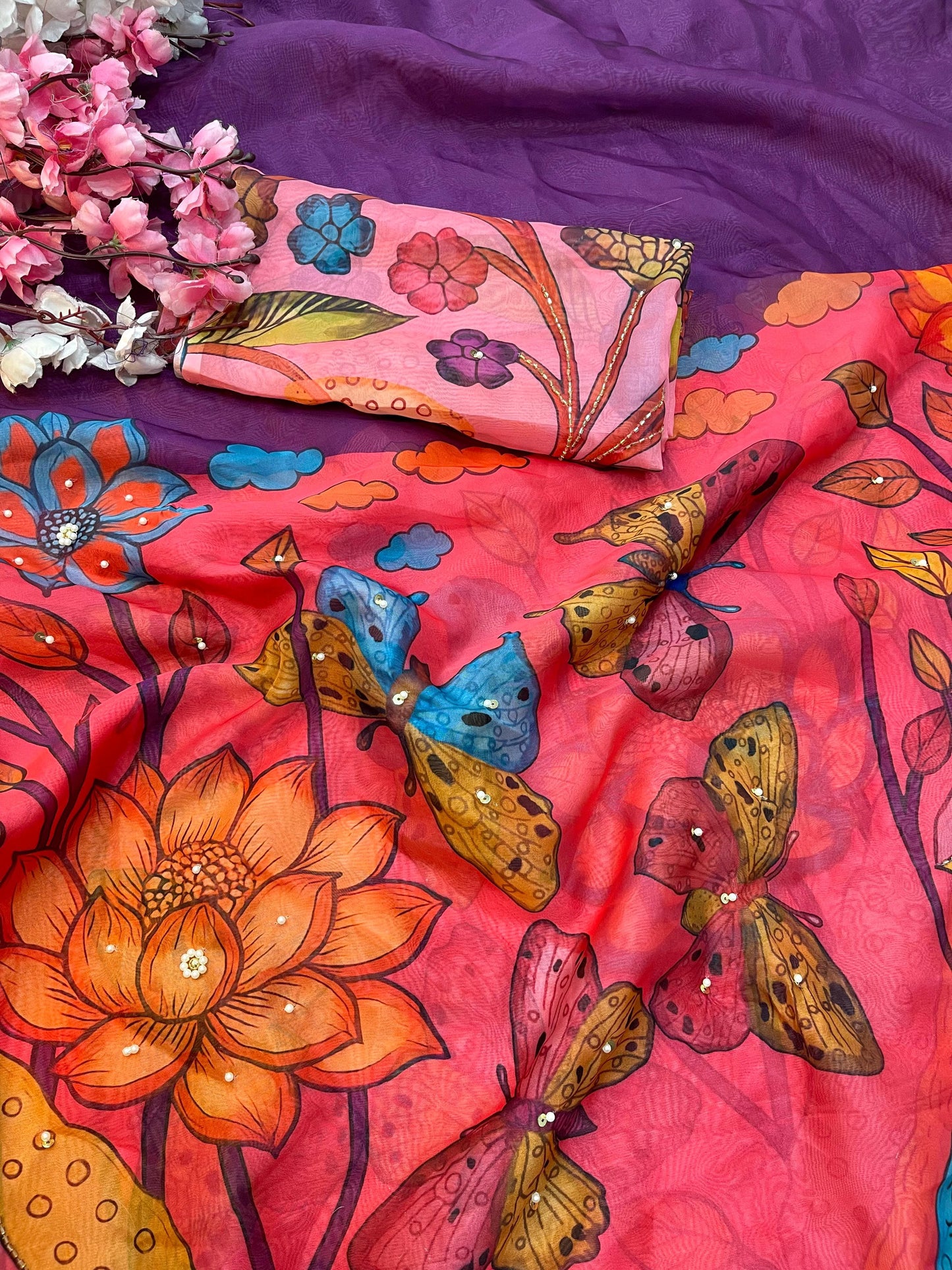 Celebrity Style Soft Tabby Silk Saree With Butterfly Print Moti Cut Dana Khatli Work