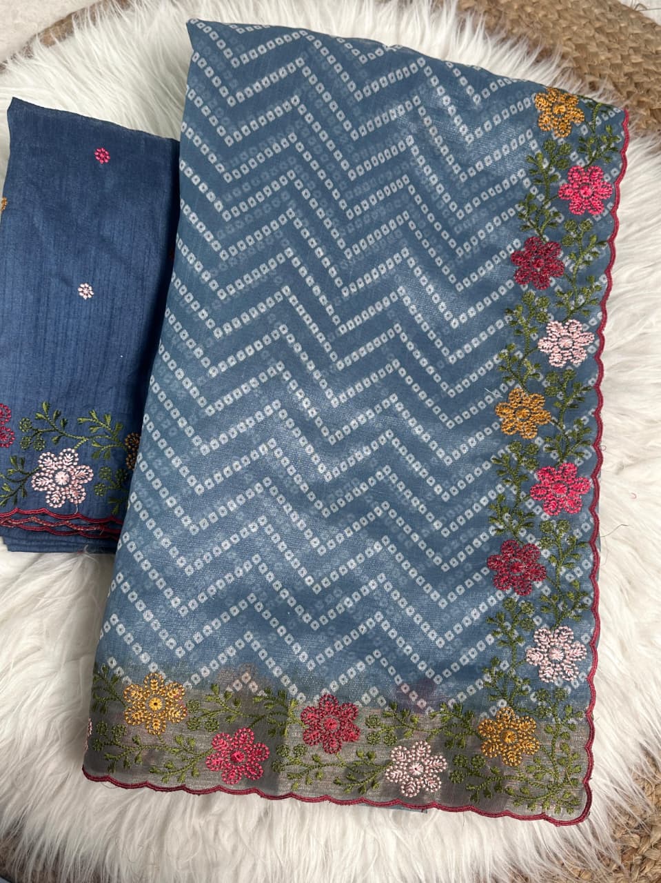 Special Bandhej Print Soft Cotton Satin Saree With Embroidery & Zari Work