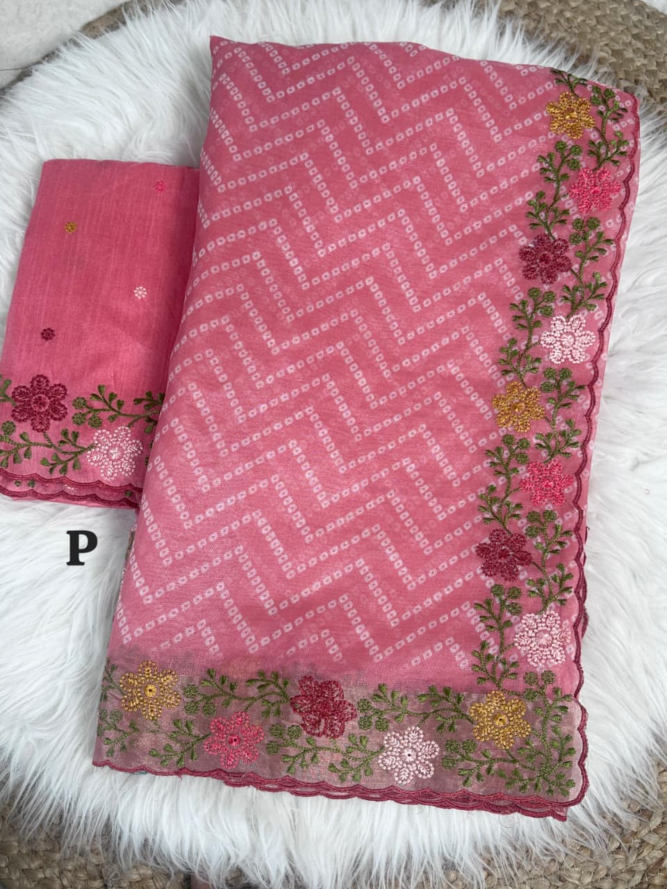 Special Bandhej Print Soft Cotton Satin Saree With Embroidery & Zari Work