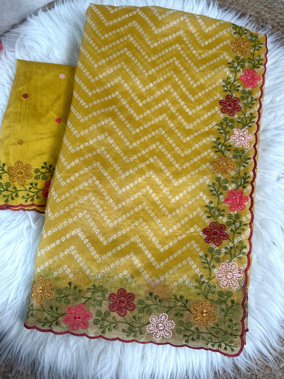Special Bandhej Print Soft Cotton Satin Saree With Embroidery & Zari Work