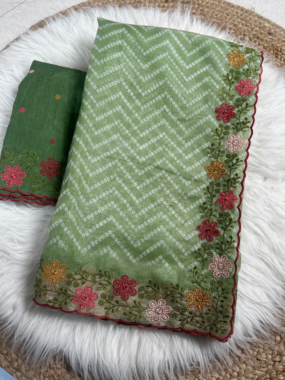 Special Bandhej Print Soft Cotton Satin Saree With Embroidery & Zari Work