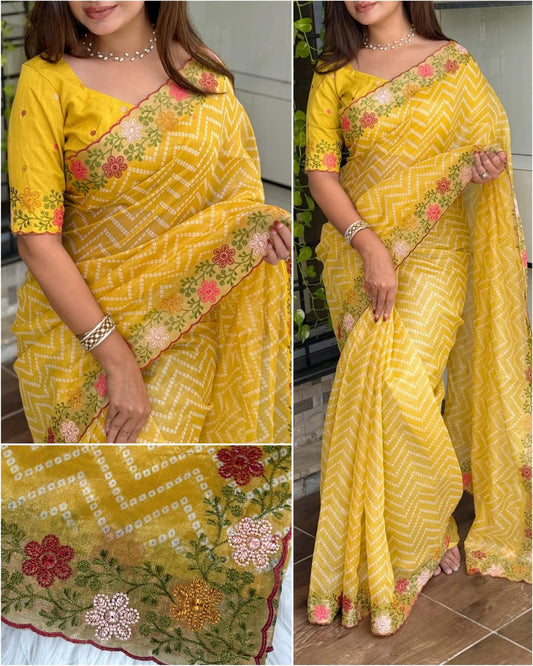 Special Bandhej Print Soft Cotton Satin Saree With Embroidery & Zari Work