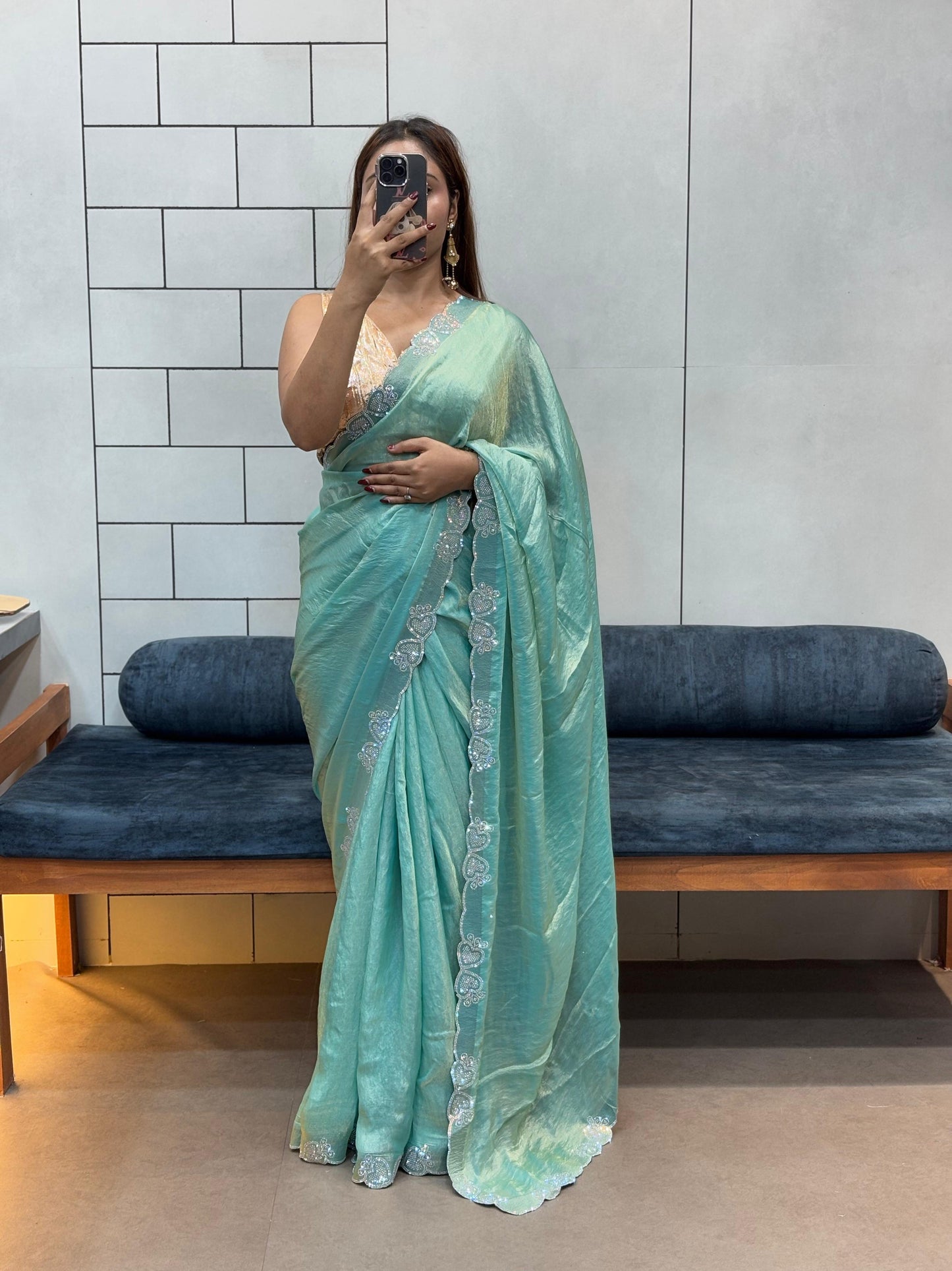 Stylish Trendy Rich Space Silk Saree With Heart Cut Dana & Diamond Work Border