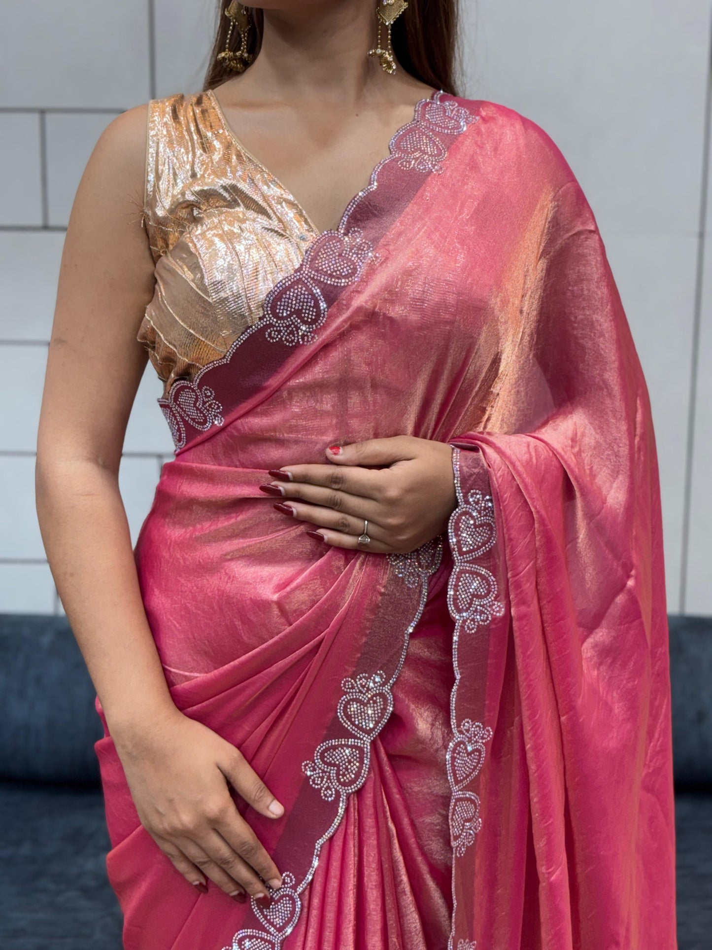 Stylish Trendy Rich Space Silk Saree With Heart Cut Dana & Diamond Work Border