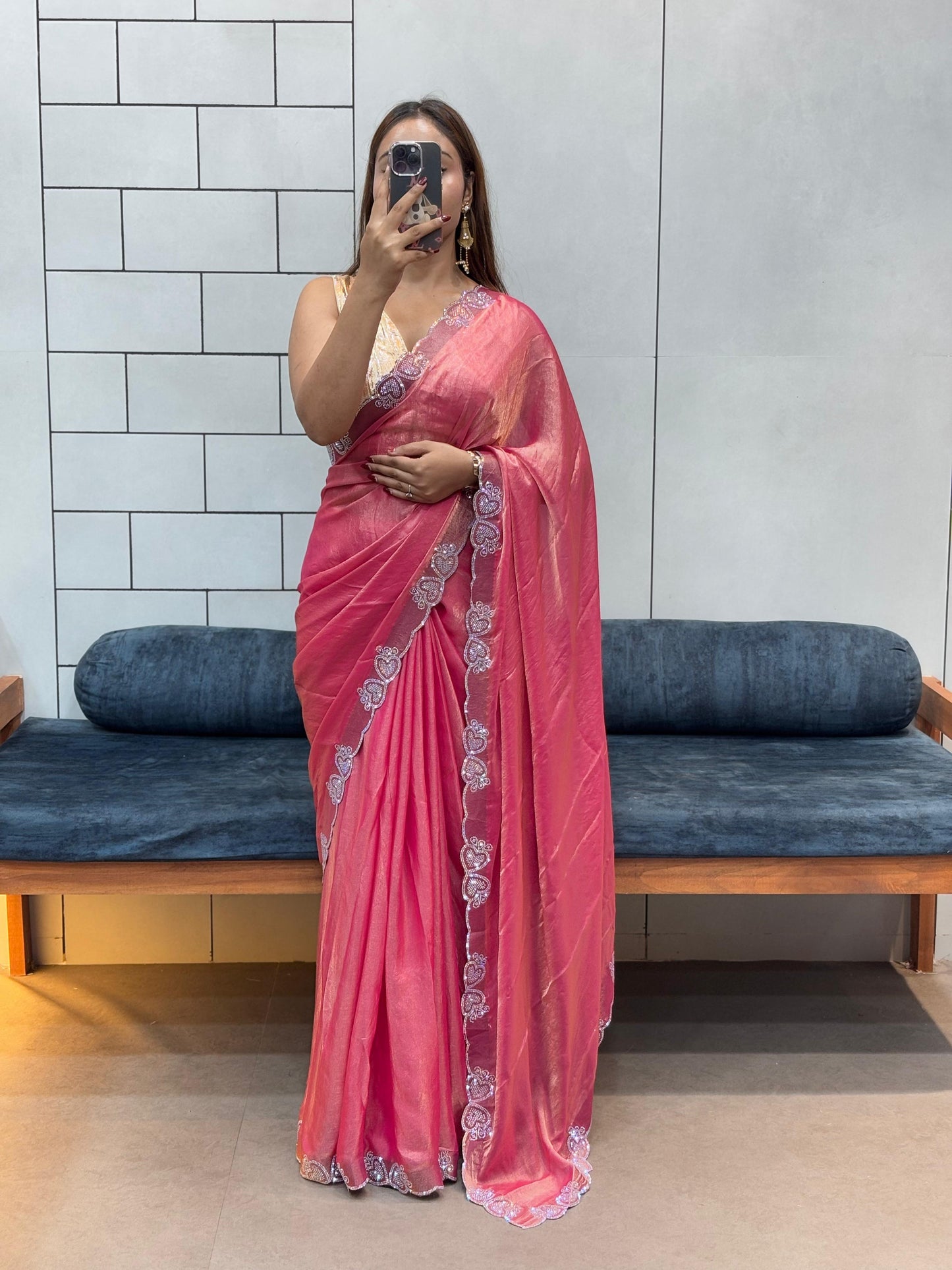 Stylish Trendy Rich Space Silk Saree With Heart Cut Dana & Diamond Work Border