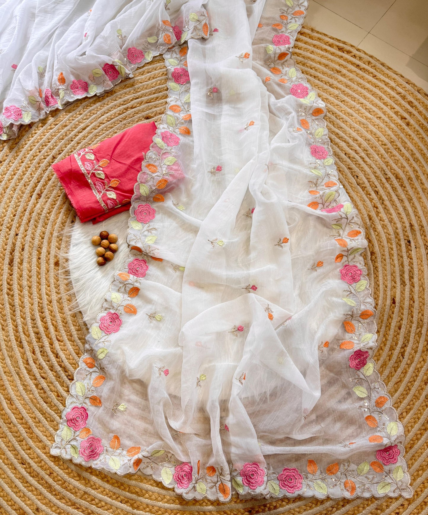 Breezy Pastel Floral Embroidered Crunchy Chiffon Saree