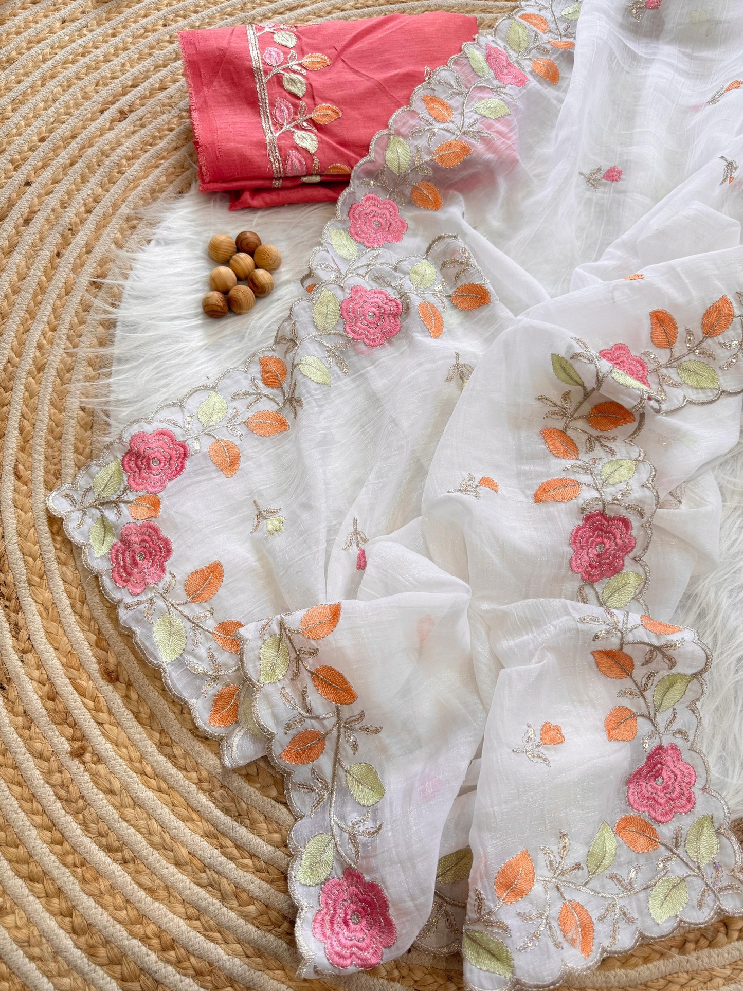 Breezy Pastel Floral Embroidered Crunchy Chiffon Saree