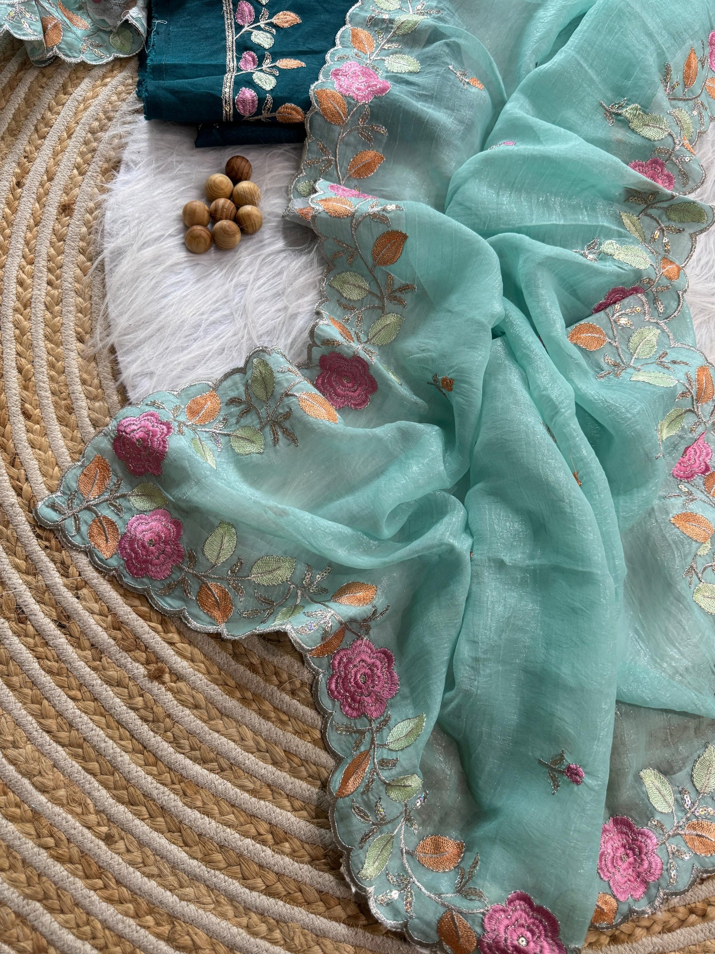 Breezy Pastel Floral Embroidered Crunchy Chiffon Saree