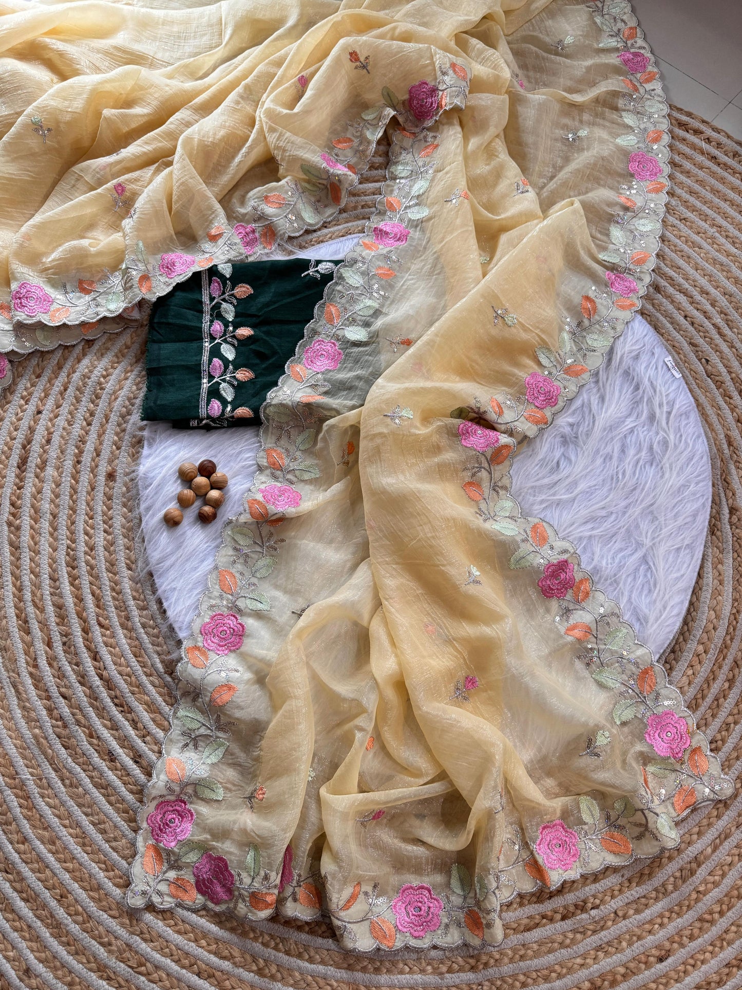 Breezy Pastel Floral Embroidered Crunchy Chiffon Saree