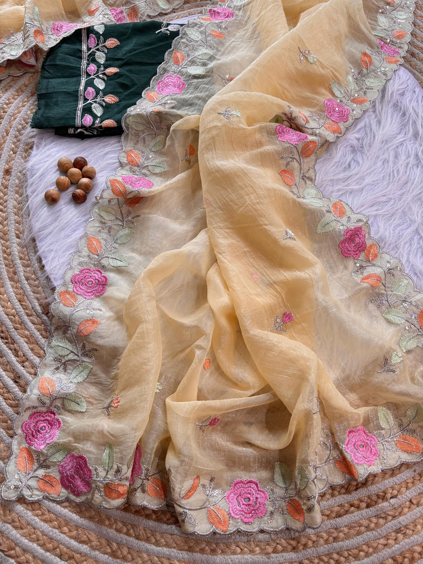 Breezy Pastel Floral Embroidered Crunchy Chiffon Saree