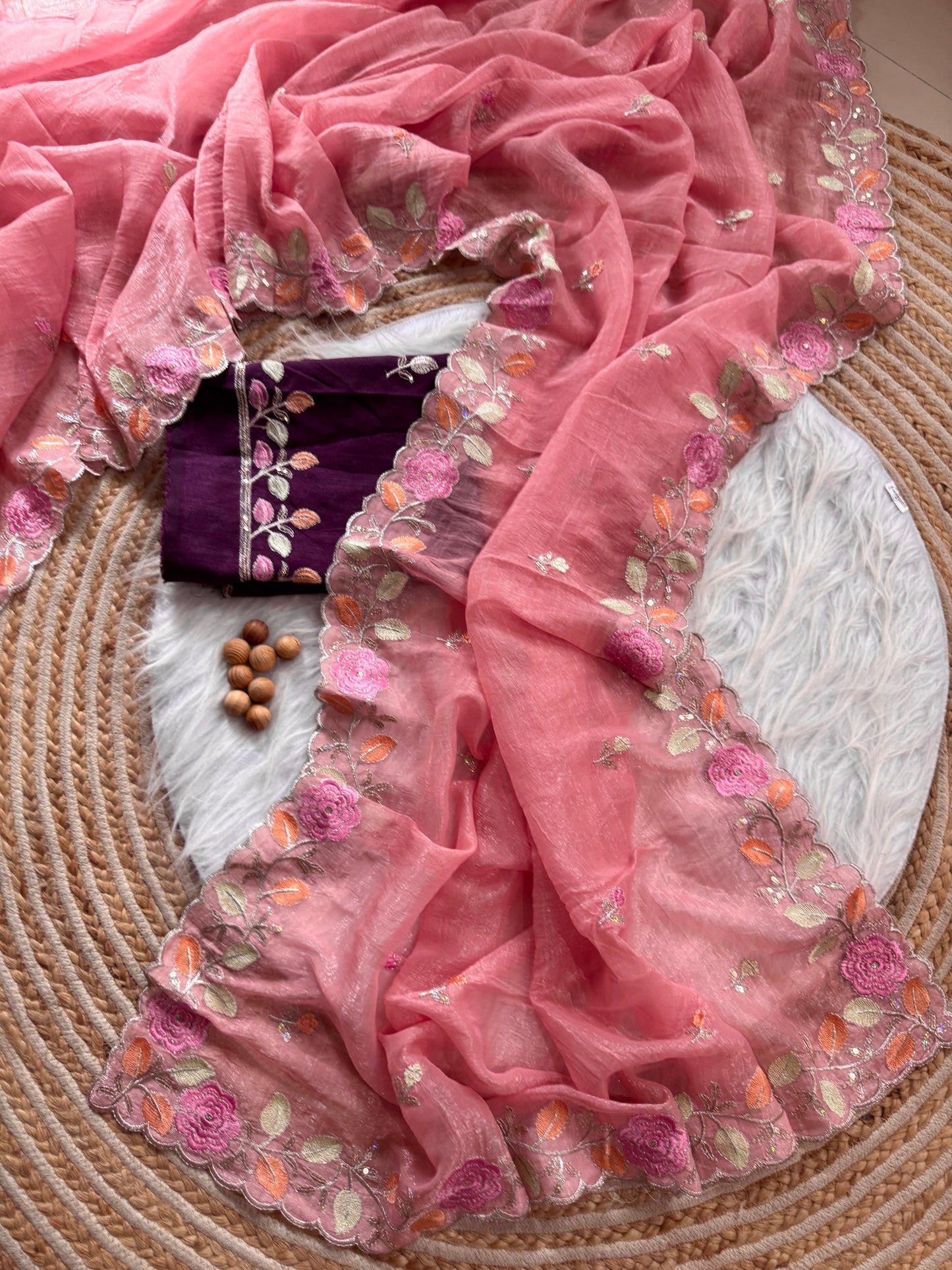 Breezy Pastel Floral Embroidered Crunchy Chiffon Saree